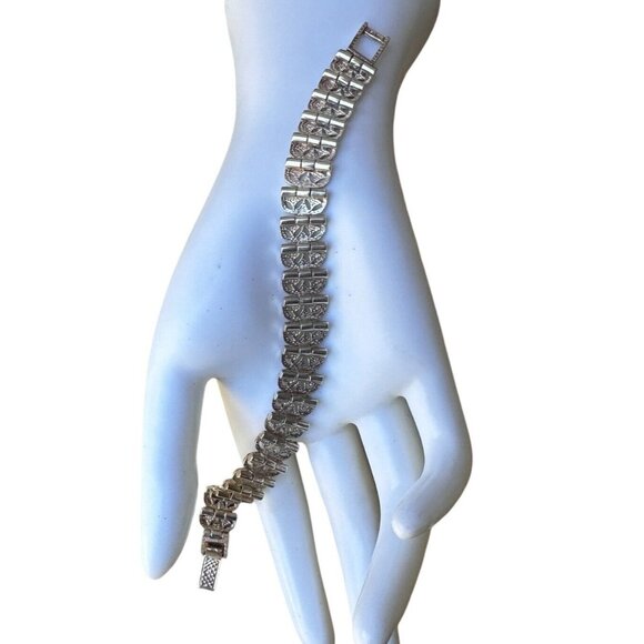 VTG Sterling Silver Link Bracelet Art Deco Style Sz 7.5 Diamond Cut Ornate 31.4g - Picture 1 of 13